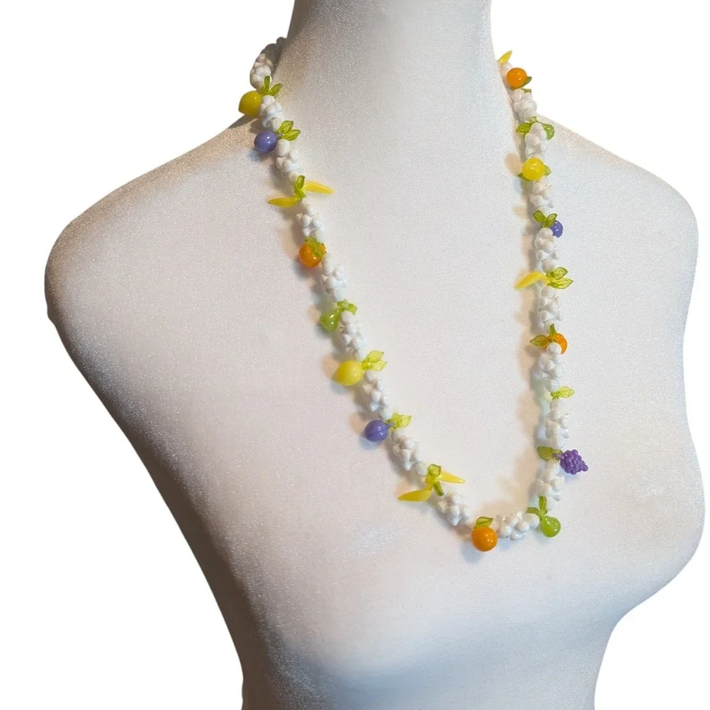 Vintage‎ Style Fruit Salad Plastic Bead Necklace White Popcorn Grapes Bananas